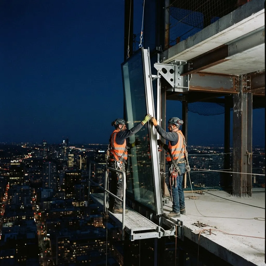 ALM Facades operatives installing a building envelope on site